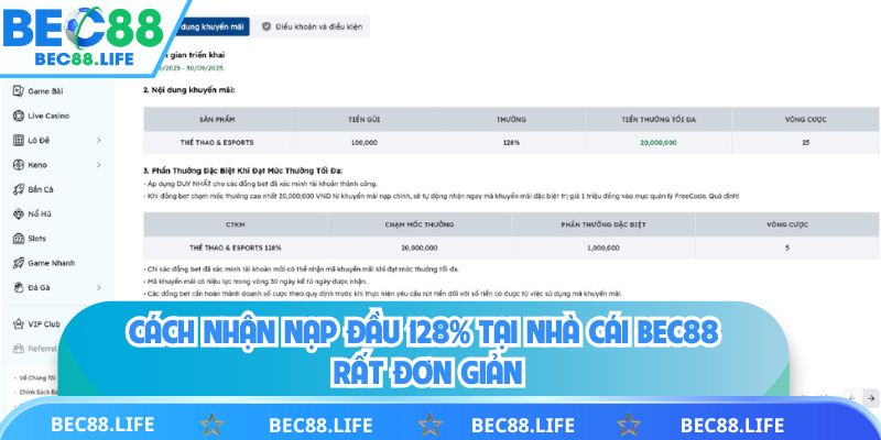 Cách nhận nạp đầu 128% tại nhà cái BEC88 rất đơn giản