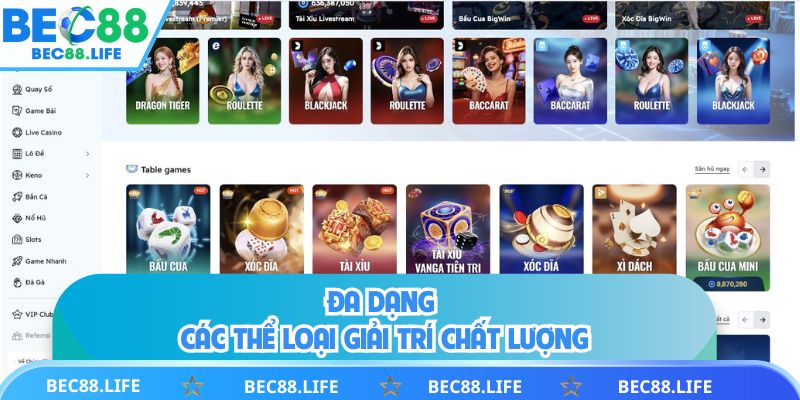 Các sảnh giải trí nổi bật tại Bec88