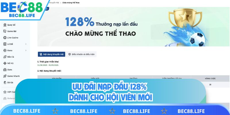 Ưu đãi nạp đầu 128% dành cho hội viên mới